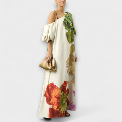 Skylar - Vestido maxi con estampado floral, escote asimétrico y mangas abullonadas