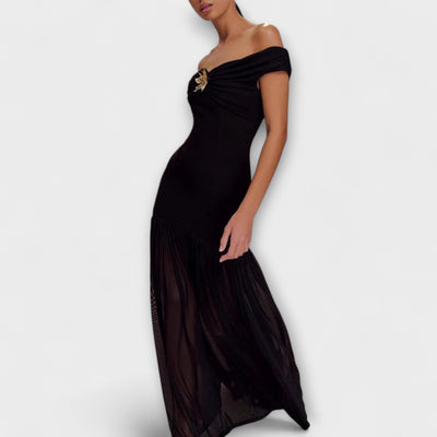 Maelie - Elegante vestido maxi ajustado sin tirantes con adornos florales