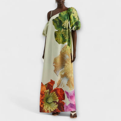 Skylar - Vestido maxi con estampado floral, escote asimétrico y mangas abullonadas