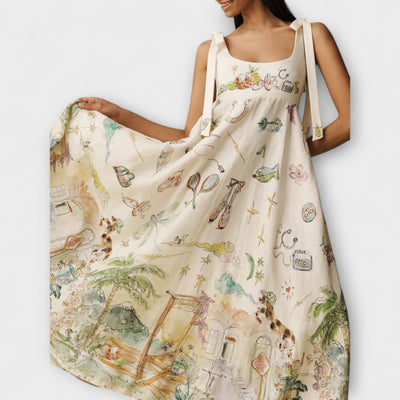 Juliette - Vestido midi de lino pintado con cinta de ballet