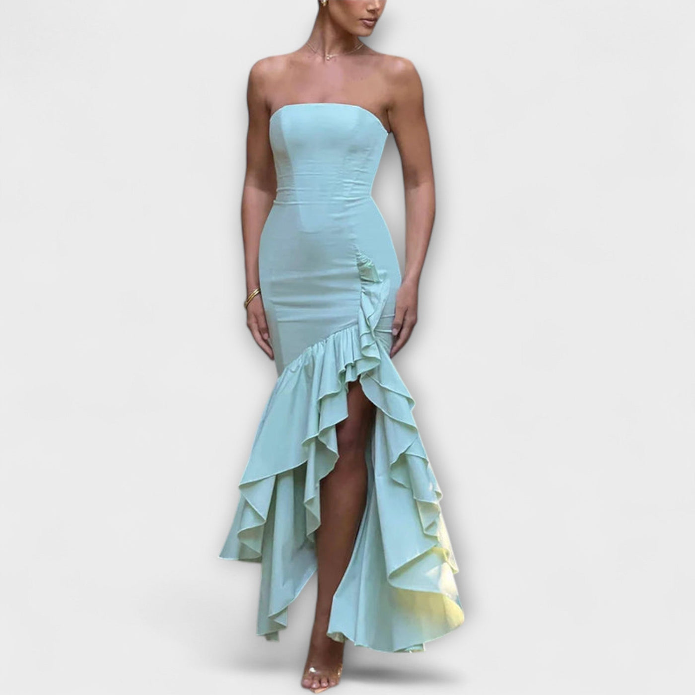 Zuri - Vestido Maxivestido Ajustado con Hombros Descubiertos y Dobladillo Asimétrico