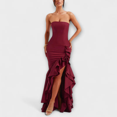 Zuri - Vestido Maxivestido Ajustado con Hombros Descubiertos y Dobladillo Asimétrico