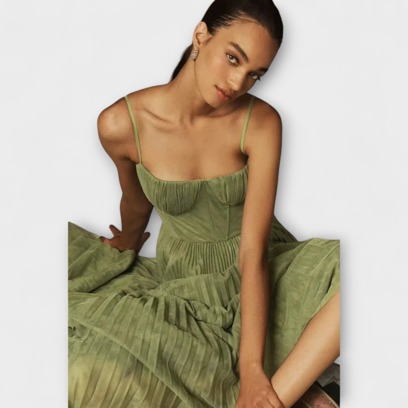 Marilyn - Vestido Midi de Tul con Falda Plisada y Diseño de Bustier