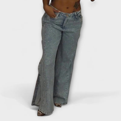 Nola - Jeans de tiro alto adornados con strass y botones laterales