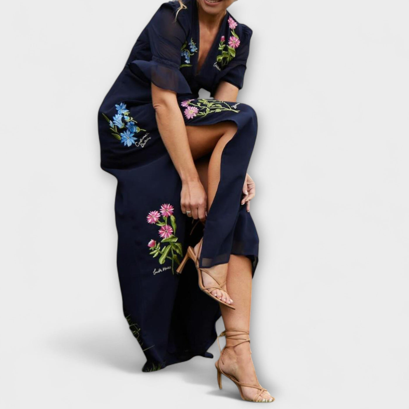 Beatrice - Elegante vestido azul marino con bordado floral