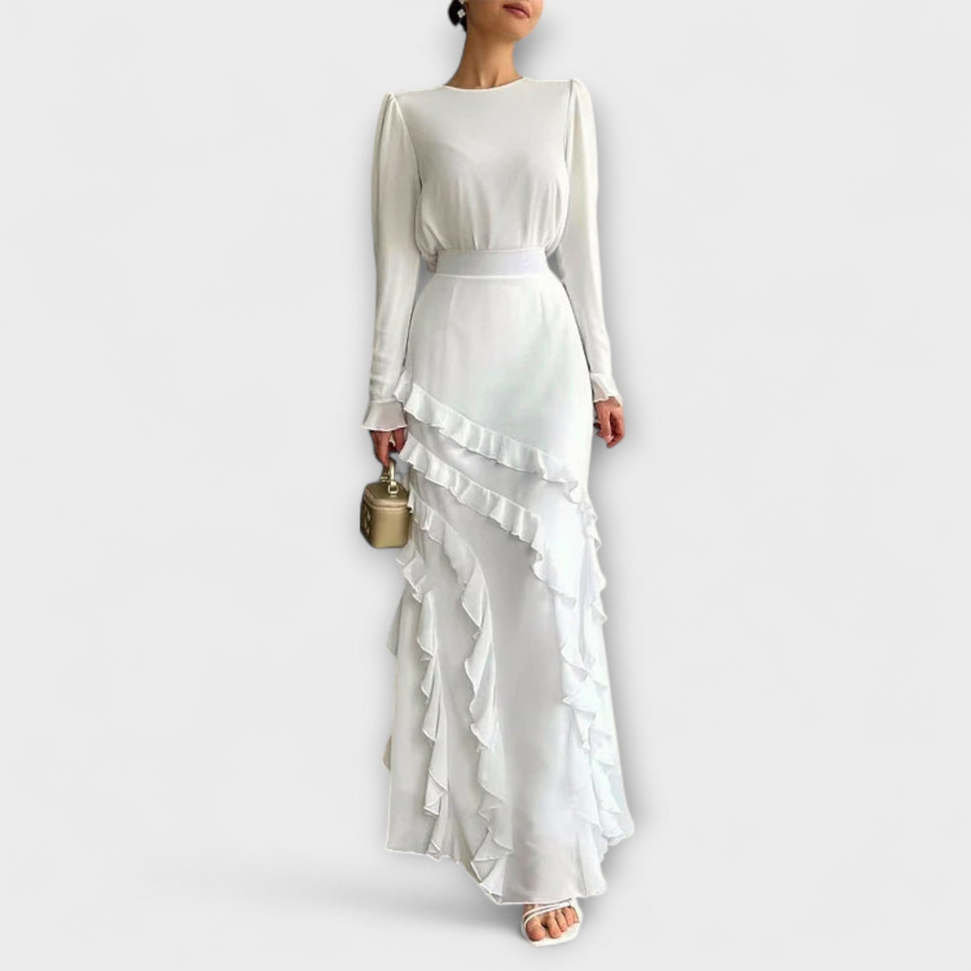 Fallon - Vestido largo de corte slim fit con volantes tridimensionales