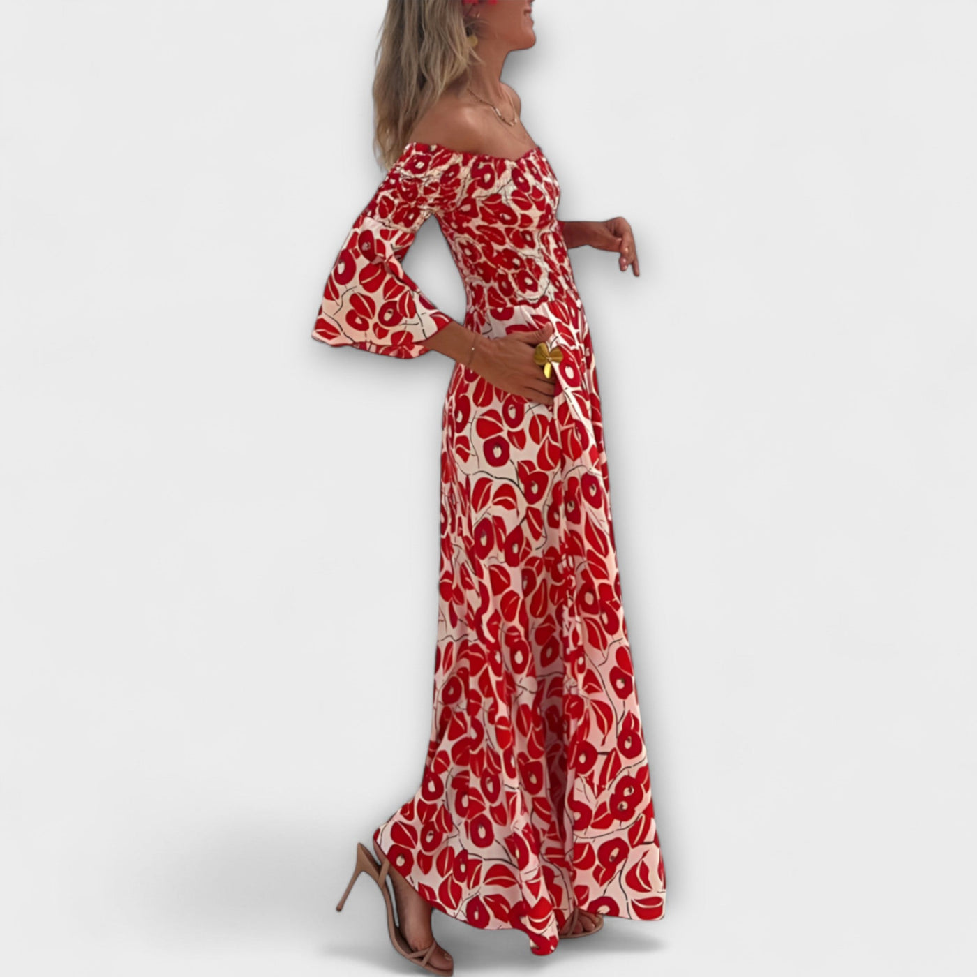 Bella - Vestido Off-Shoulder con Flores Marinas
