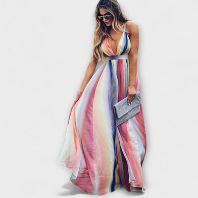 Vestido de dama a rayas multicolor con escote en V