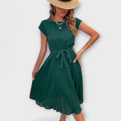 Claire - Vestido midi casual de manga corta y plisado