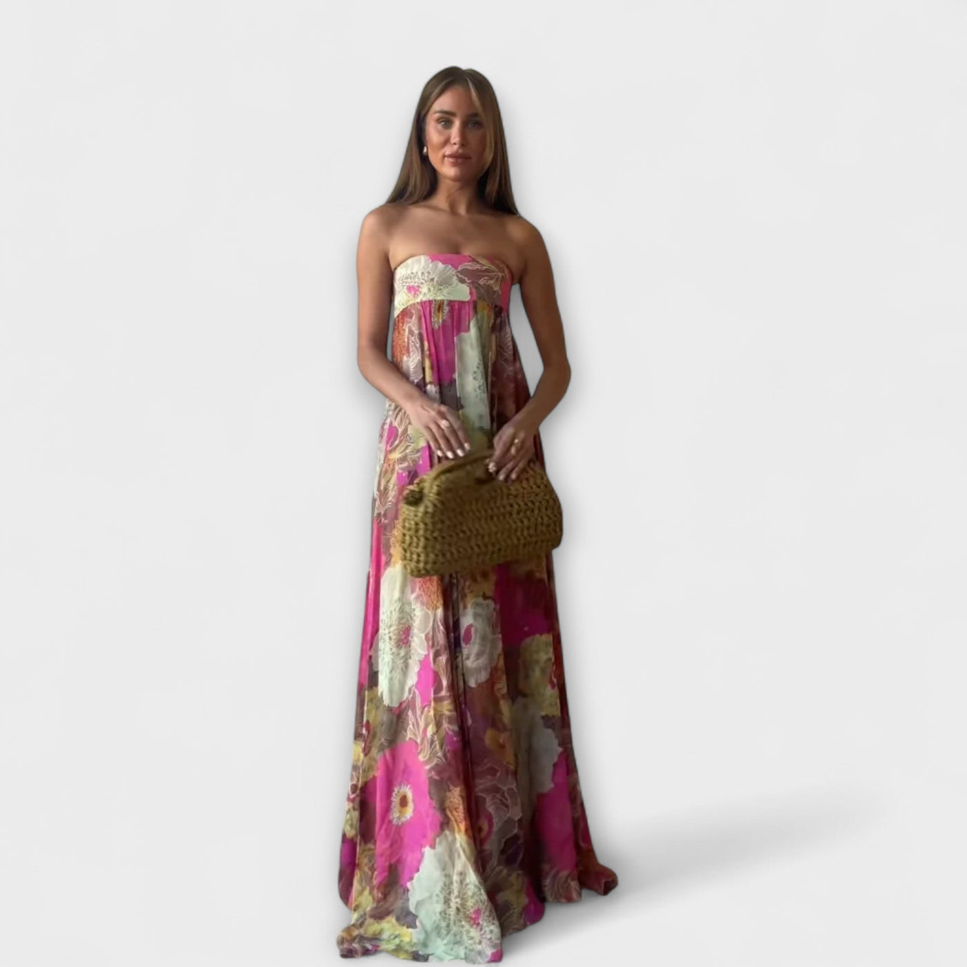 Elegante Vestido Maxi Plisado Sin Tirantes