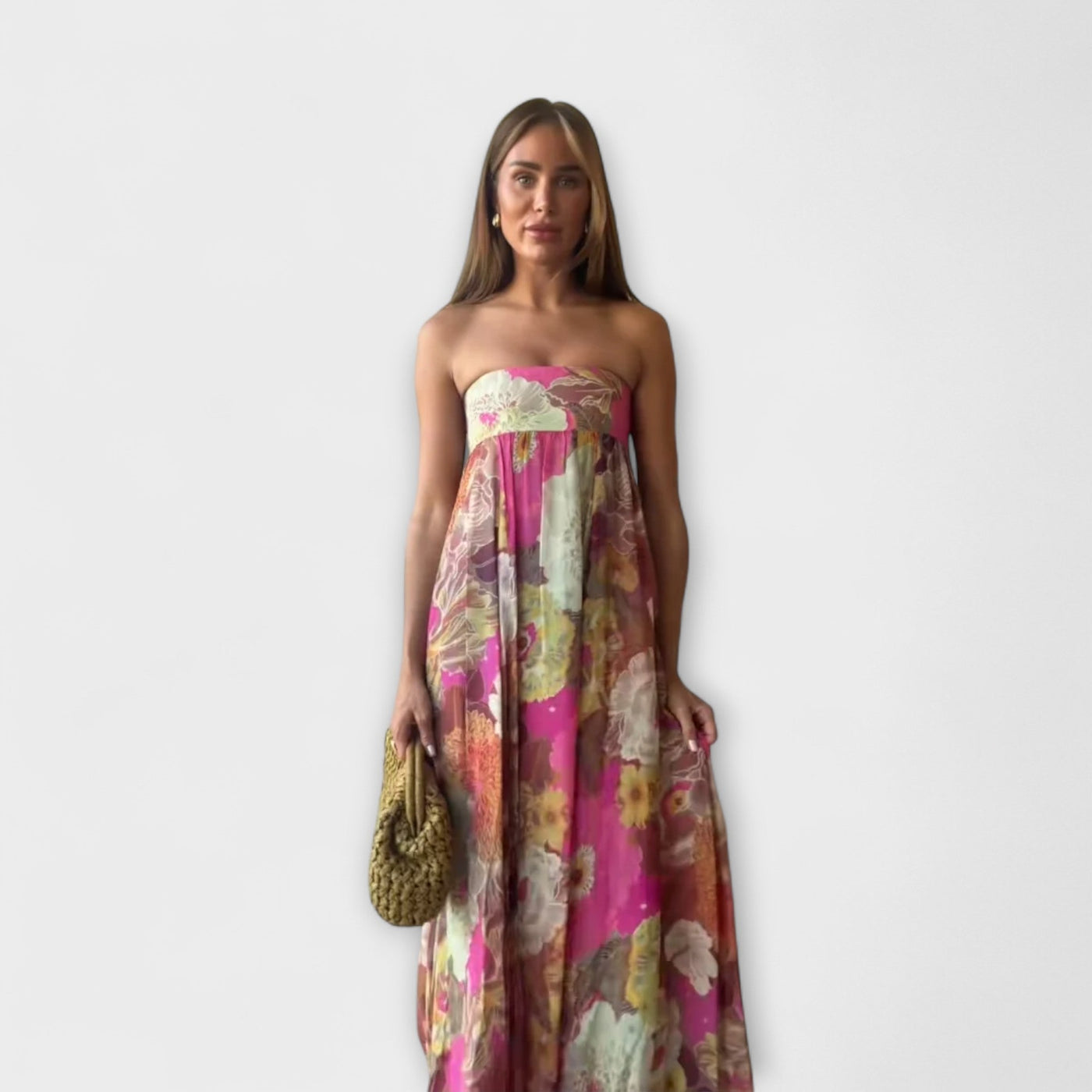 Elegante Vestido Maxi Plisado Sin Tirantes