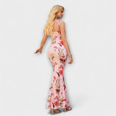 Thalia - Vestido de Prom con Estampado Floral y Tirantes Atados