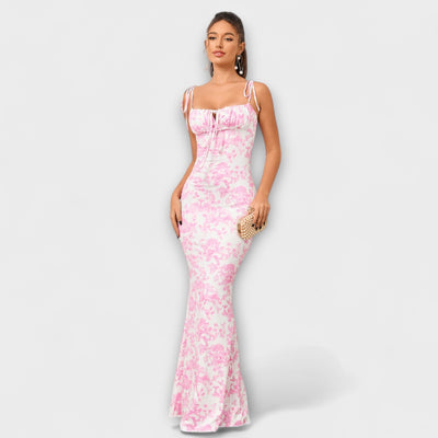 Thalia - Vestido de Prom con Estampado Floral y Tirantes Atados