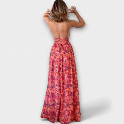 Nortrud - Vestido maxi sin espalda con estampado floral