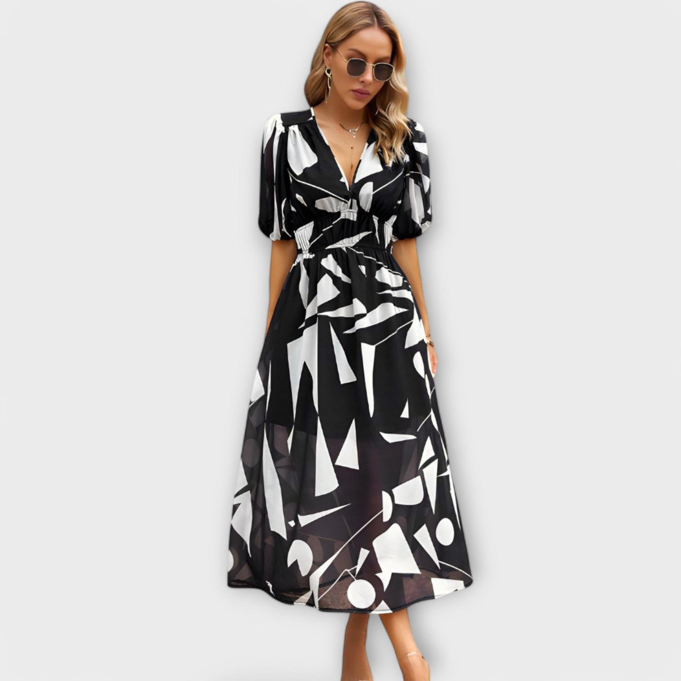 Vestido Maxi Abstracto con Mangas Abullonadas