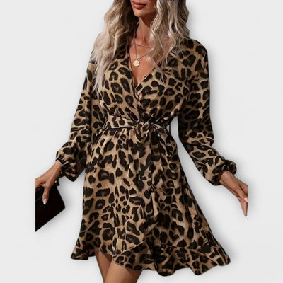 Vestido elegante con estampado de leopardo, escote en V y cinturón