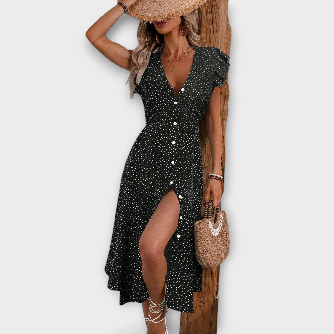Elegante vestido midi con lunares