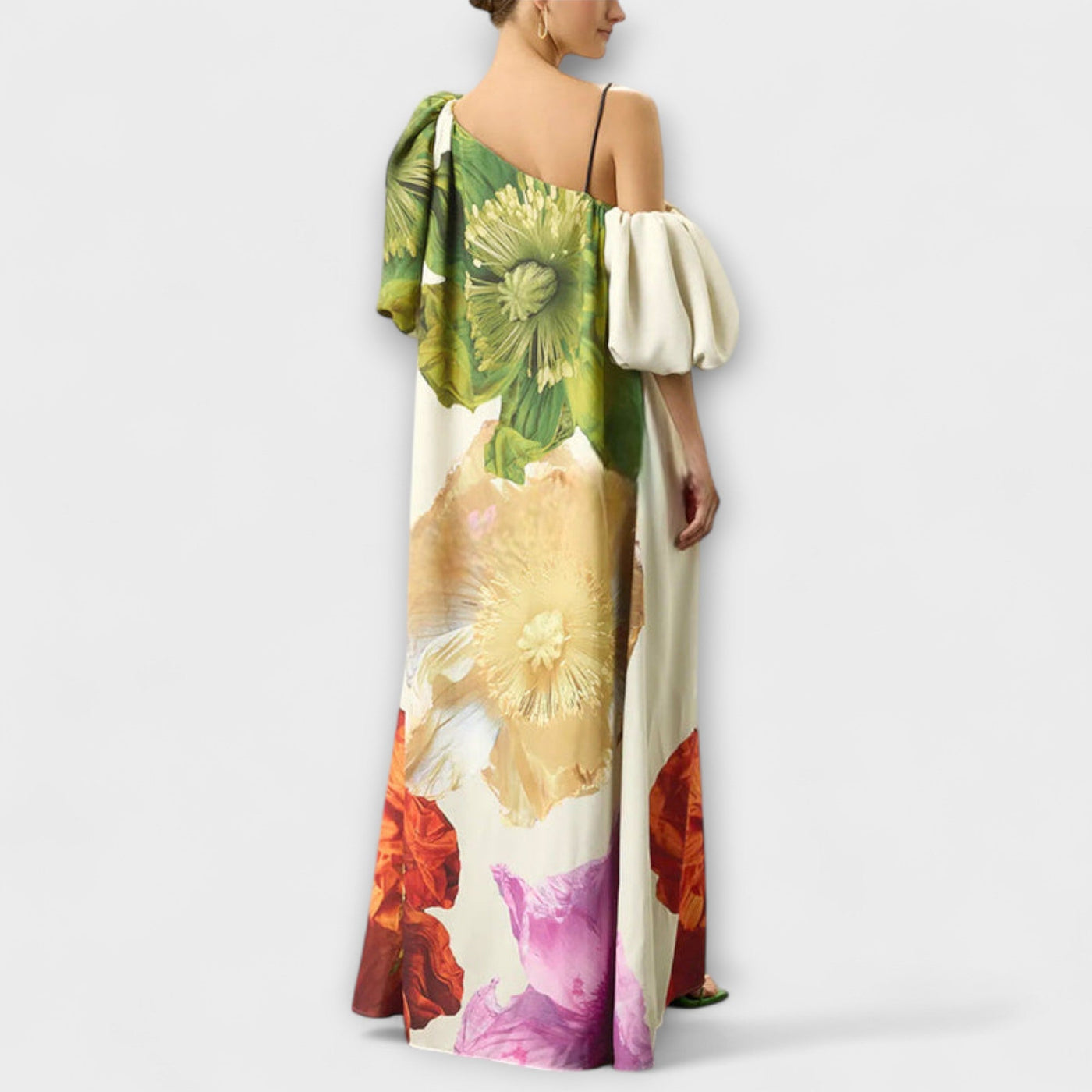 Skylar - Vestido maxi con estampado floral, escote asimétrico y mangas abullonadas