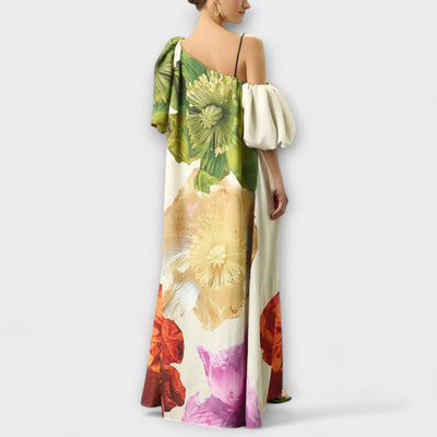 Skylar - Vestido maxi con estampado floral, escote asimétrico y mangas abullonadas