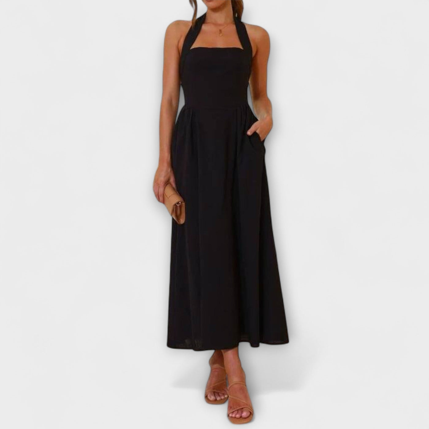 Lydia - Vestido Halter Negro de Largo Medio con Detalle en la Cintura