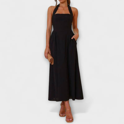 Lydia - Vestido Halter Negro de Largo Medio con Detalle en la Cintura
