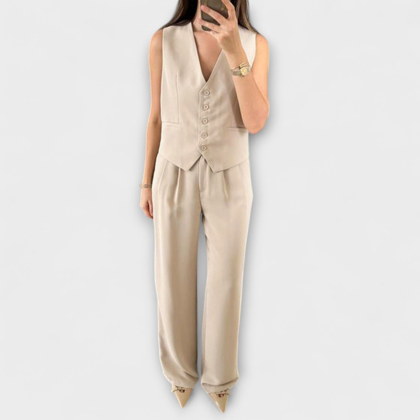 Hazel - Conjunto de dos piezas de chaleco y pantalones de color sólido con escote en V