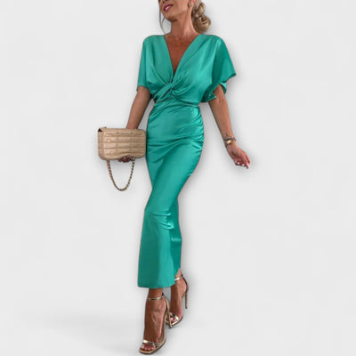 Sable - Vestido Maxi Slim Fit de Satén con Escote en V y Nudo Cruzado