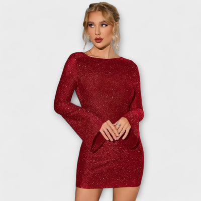 Vestido sin espalda con lentejuelas y mangas largas